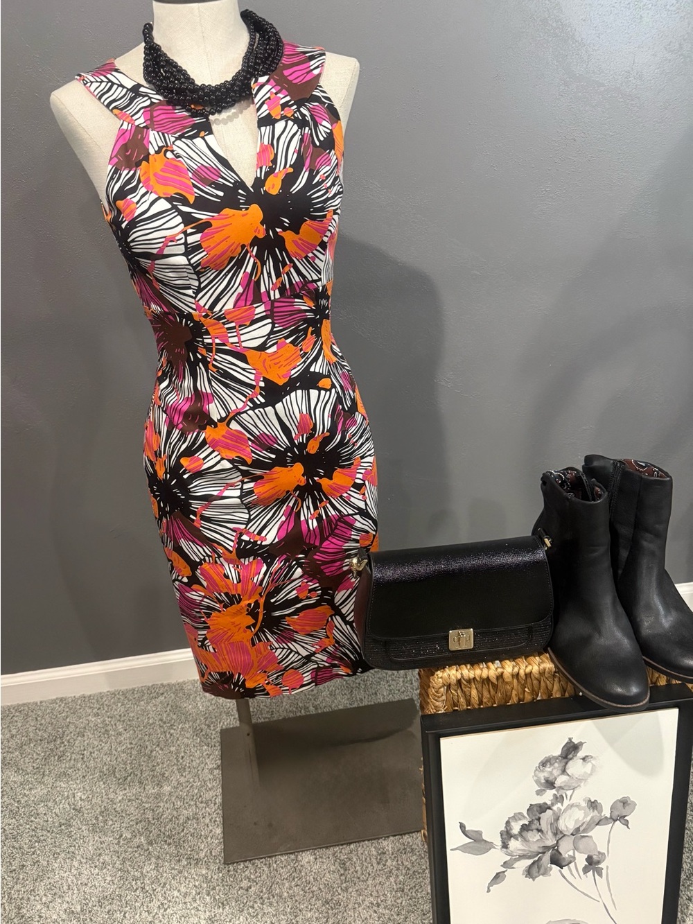 David Meister Black Floral Sheath Dress with Orange & Pink Accents